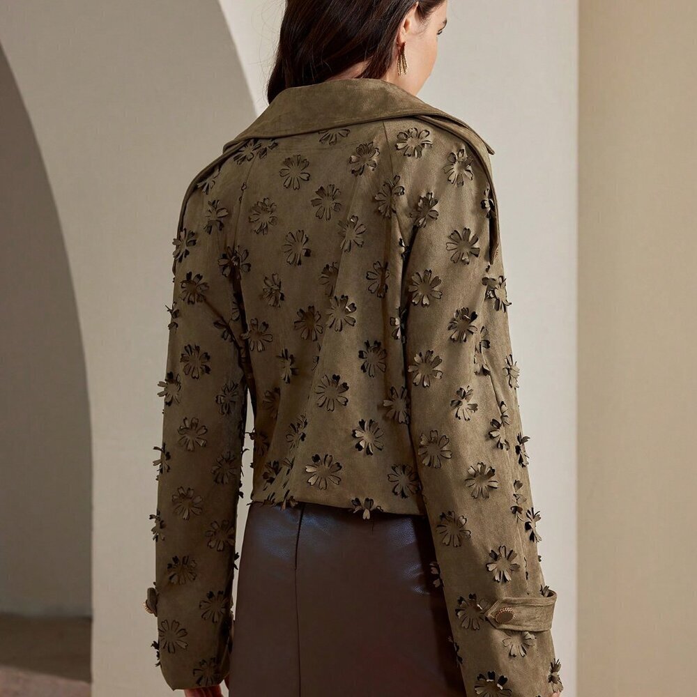 Khaki Casual Women's Collar 3d Laser Floral Embossed Jacket Coat - Picture 3 of 8